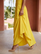 Lemon Stretch Knit A-Line Halter Backless Floor-Length Bridesmaid Dress with Pleats - Curvevia