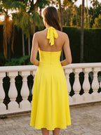 Lemon Stretch Knit A-Line Halter Backless Knee-Length Bridesmaid Dress - Curvevia