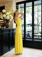 Lemon Stretch Knit A-Line One Shoulder Backless Ankle-Length Bridesmaid Dress with Pleats - Curvevia