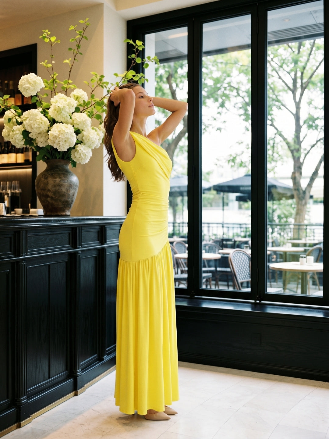 Lemon Stretch Knit A-Line One Shoulder Backless Ankle-Length Bridesmaid Dress with Pleats - Curvevia