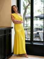 Lemon Stretch Knit A-Line One Shoulder Backless Ankle-Length Bridesmaid Dress with Pleats - Curvevia
