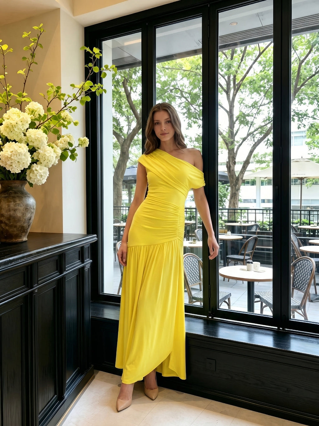 Lemon Stretch Knit A-Line One Shoulder Backless Ankle-Length Bridesmaid Dress with Pleats - Curvevia