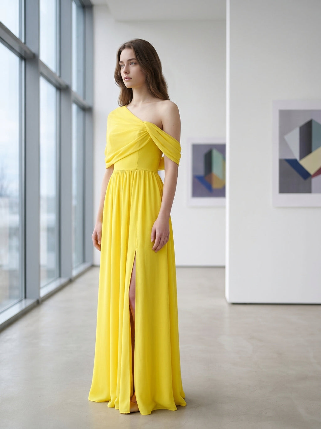 Lemon Stretch Knit A-Line One Shoulder Backless Floor-Length Bridesmaid Dress with Pleats - Curvevia