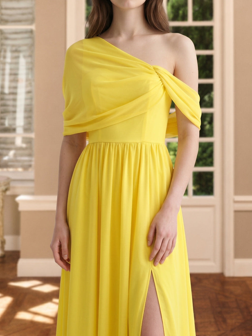 Lemon Stretch Knit A-Line One Shoulder Backless Floor-Length Bridesmaid Dress with Pleats - Curvevia