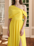 Lemon Stretch Knit A-Line One Shoulder Backless Floor-Length Bridesmaid Dress with Pleats - Curvevia