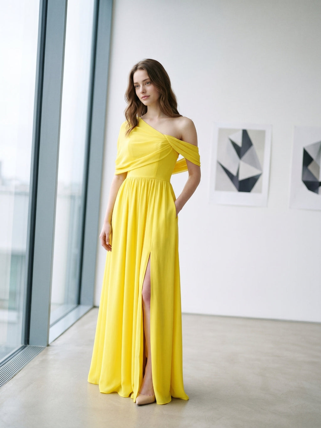 Lemon Stretch Knit A-Line One Shoulder Backless Floor-Length Bridesmaid Dress with Pleats - Curvevia