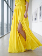Lemon Stretch Knit A-Line One Shoulder Backless Floor-Length Bridesmaid Dress with Pleats - Curvevia