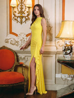 Lemon Stretch Knit A-Line Scoop Neck Back Zip Floor-Length Bridesmaid Dress with Pleats - Curvevia