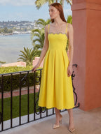 Lemon Stretch Knit A-Line Square Neck Back Zip Knee-Length Bridesmaid Dress with Pleats - Curvevia