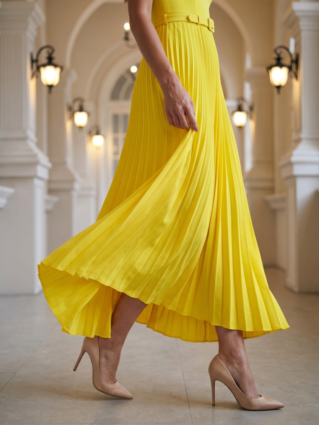 Lemon Stretch Knit A-Line Square Neck Backless Ankle-Length Bridesmaid Dress with Pleats - Curvevia