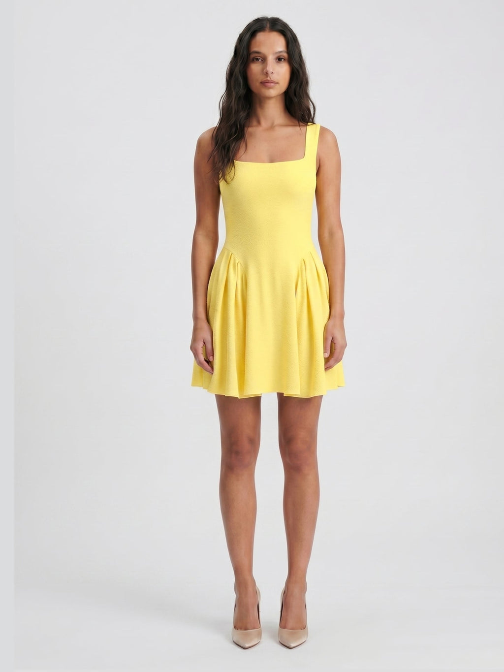 Lemon Stretch Knit A-Line Square Neck Knee-Length Bridesmaid Dress with Pleats - Curvevia