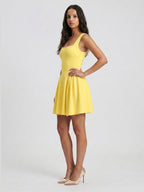 Lemon Stretch Knit A-Line Square Neck Knee-Length Bridesmaid Dress with Pleats - Curvevia