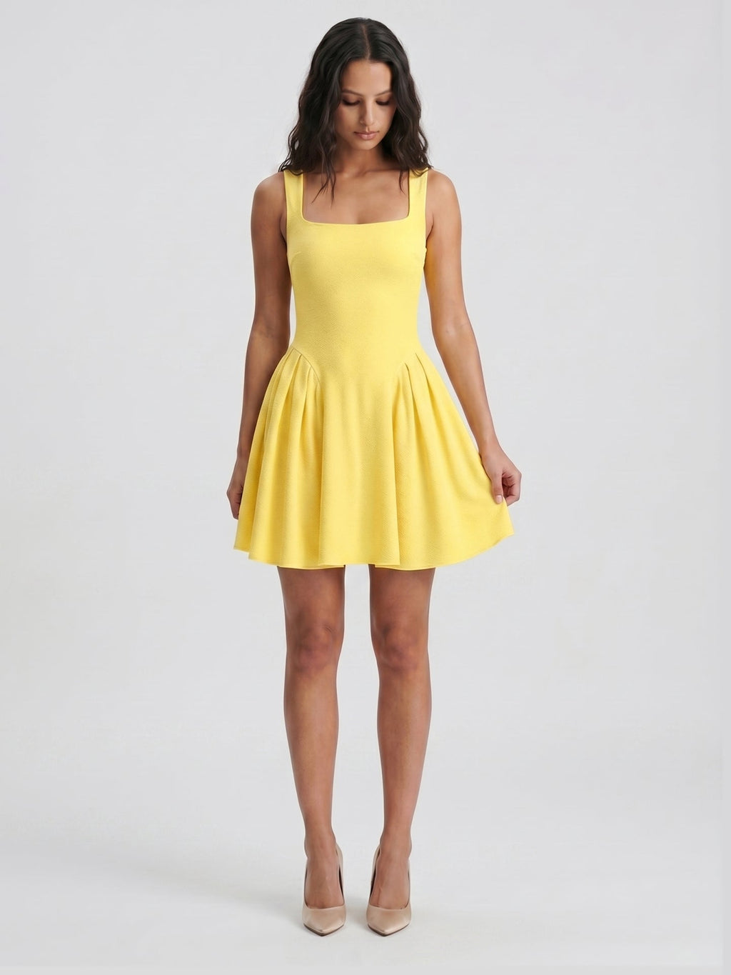 Lemon Stretch Knit A-Line Square Neck Knee-Length Bridesmaid Dress with Pleats - Curvevia