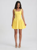Lemon Stretch Knit A-Line Square Neck Knee-Length Bridesmaid Dress with Pleats - Curvevia