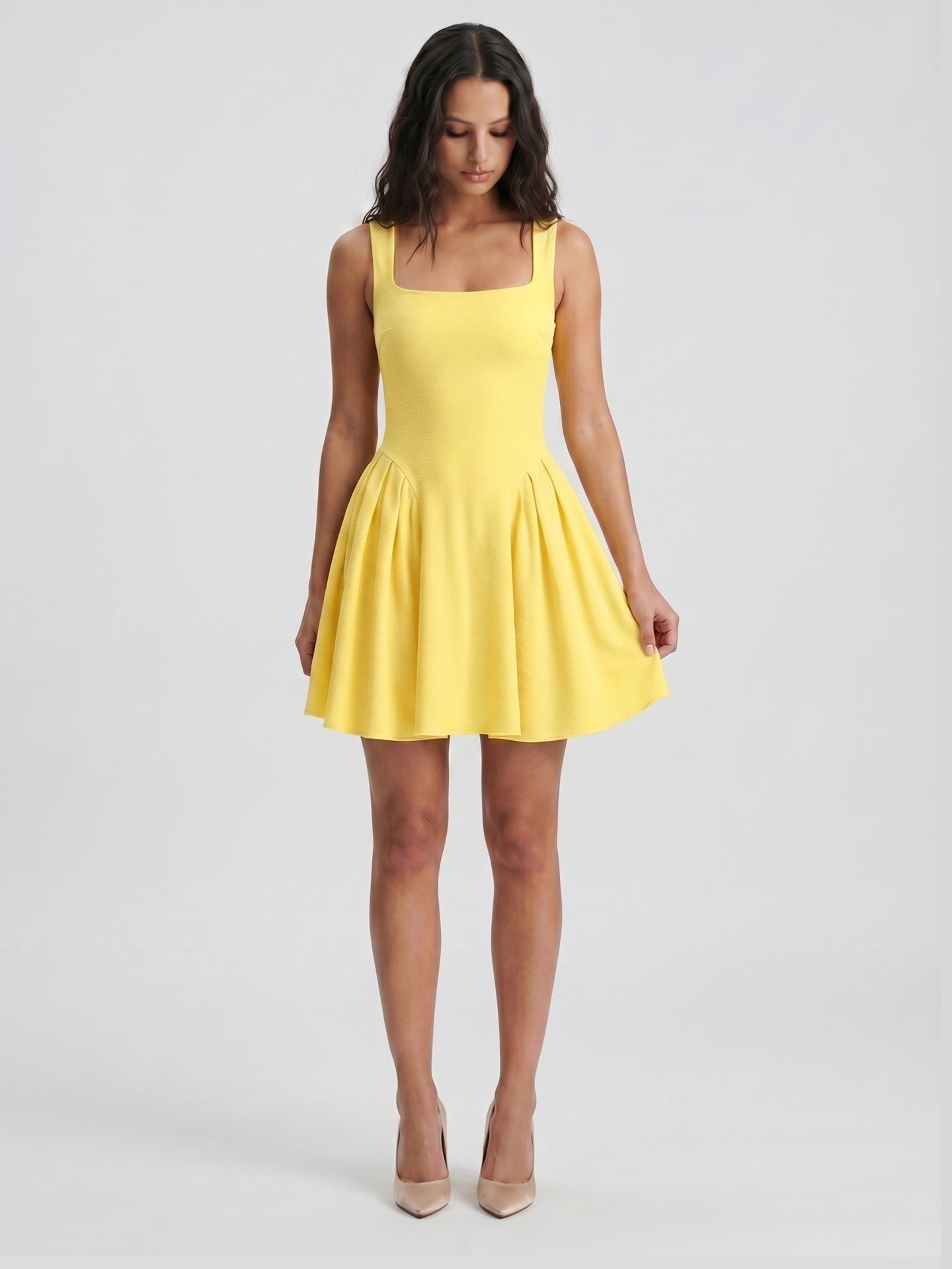 Lemon Stretch Knit A-Line Square Neck Knee-Length Bridesmaid Dress with Pleats - Curvevia