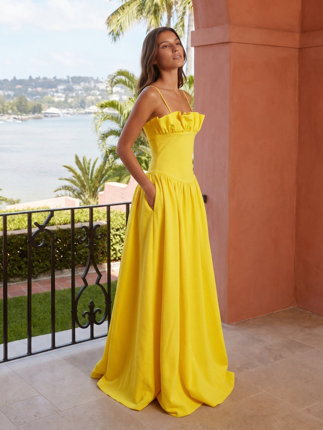 Lemon Stretch Knit A-Line Straight Neck Back Zip Floor-Length Bridesmaid Dress with Ruffles - Curvevia