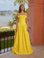 Lemon Stretch Knit A-Line Straight Neck Back Zip Floor-Length Bridesmaid Dress with Ruffles - Curvevia