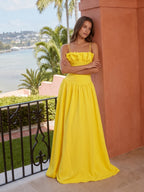 Lemon Stretch Knit A-Line Straight Neck Back Zip Floor-Length Bridesmaid Dress with Ruffles - Curvevia