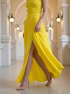 Lemon Stretch Knit A-Line Straight Neck Backless Floor-Length Bridesmaid Dress with Pleats - Curvevia