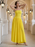 Lemon Stretch Knit A-Line Straight Neck Backless Floor-Length Bridesmaid Dress with Pleats - Curvevia