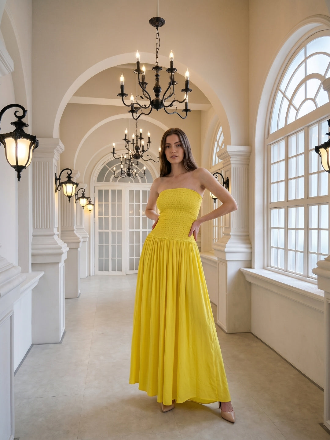 Lemon Stretch Knit A-Line Straight Neck Backless Floor-Length Bridesmaid Dress with Pleats - Curvevia
