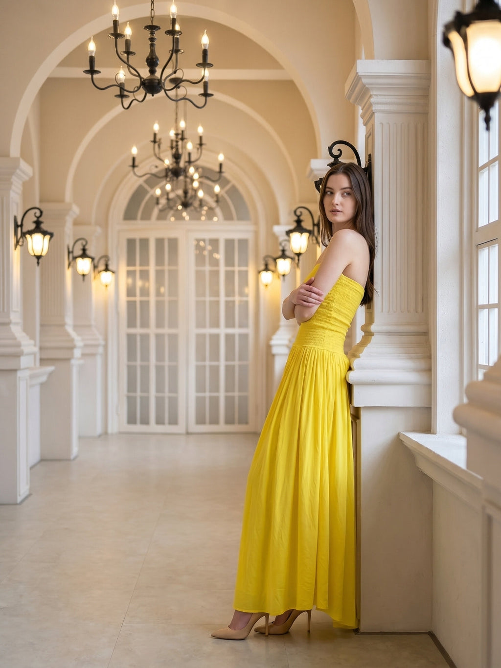 Lemon Stretch Knit A-Line Straight Neck Backless Floor-Length Bridesmaid Dress with Pleats - Curvevia