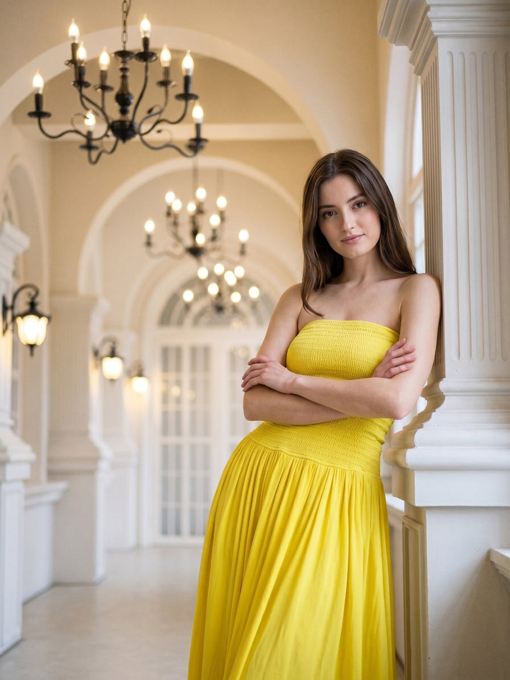 Lemon Stretch Knit A-Line Straight Neck Backless Floor-Length Bridesmaid Dress with Pleats - Curvevia