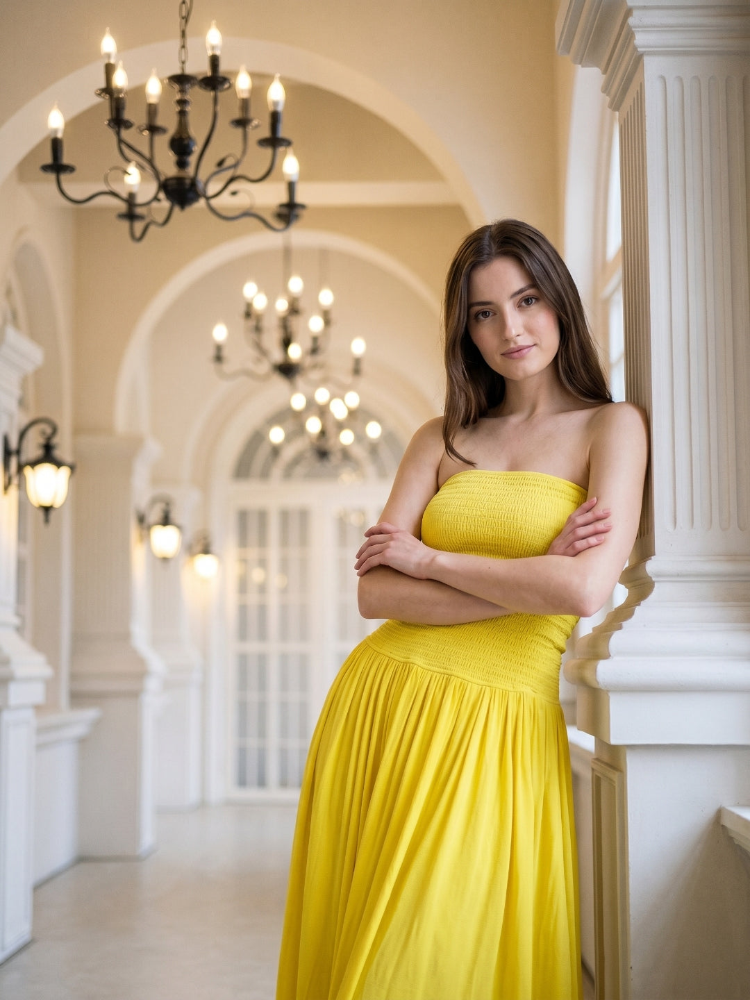 Lemon Stretch Knit A-Line Straight Neck Backless Floor-Length Bridesmaid Dress with Pleats - Curvevia