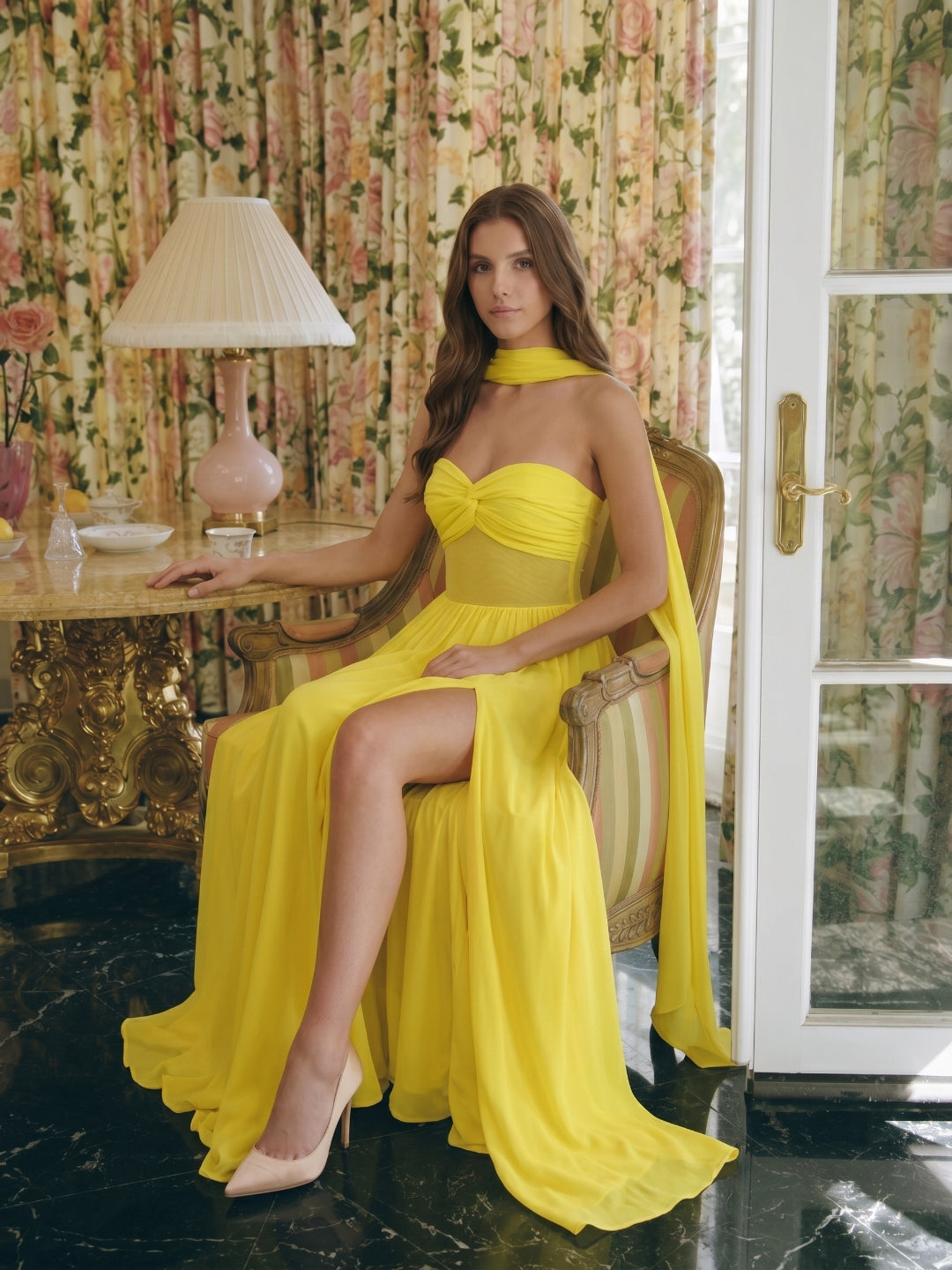 Lemon Stretch Knit A-Line Sweetheart Backless Floor-Length Bridesmaid Dress with Pleats - Curvevia