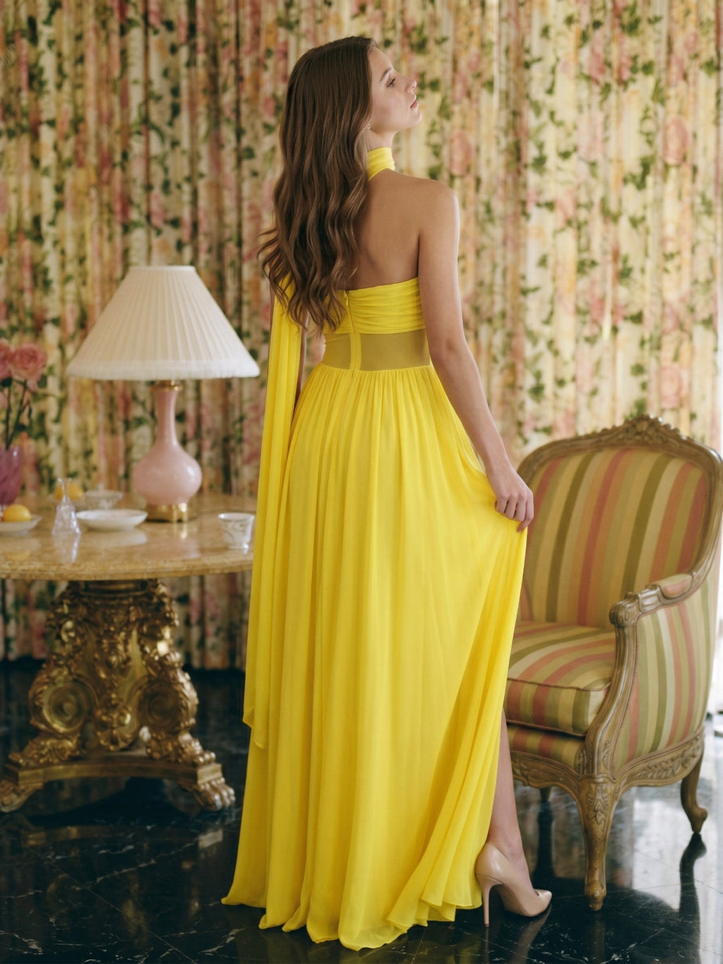 Lemon Stretch Knit A-Line Sweetheart Backless Floor-Length Bridesmaid Dress with Pleats - Curvevia