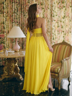 Lemon Stretch Knit A-Line Sweetheart Backless Floor-Length Bridesmaid Dress with Pleats - Curvevia