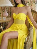 Lemon Stretch Knit A-Line Sweetheart Backless Floor-Length Bridesmaid Dress with Pleats - Curvevia