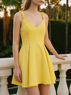 Lemon Stretch Knit A-Line V-Neck Backless Knee-Length Bridesmaid Dress with Pleats - Curvevia