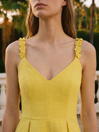 Lemon Stretch Knit A-Line V-Neck Backless Knee-Length Bridesmaid Dress with Pleats - Curvevia
