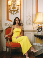 Lemon Stretch Knit Column Halter Backless Ankle-Length Bridesmaid Dress - Curvevia