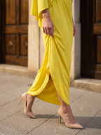 Lemon Stretch Knit Column One Shoulder Backless Ankle-Length Bridesmaid Dress with Pleats - Curvevia