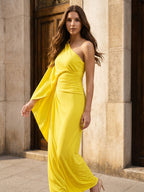 Lemon Stretch Knit Column One Shoulder Backless Ankle-Length Bridesmaid Dress with Pleats - Curvevia