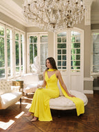 Lemon Stretch Knit Mermaid Cowl Neck Backless Floor-Length Bridesmaid Dress with Pleats - Curvevia