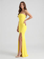 Lemon Stretch Knit Mermaid Straight Neck Backless Floor-Length Bridesmaid Dress - Curvevia