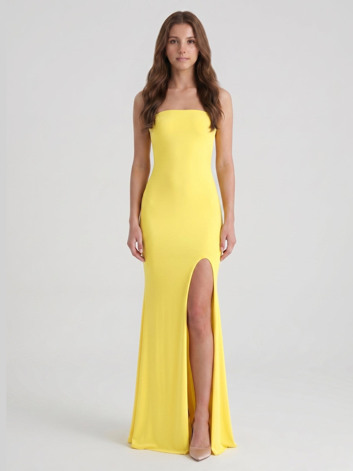 Lemon Stretch Knit Mermaid Straight Neck Backless Floor-Length Bridesmaid Dress - Curvevia