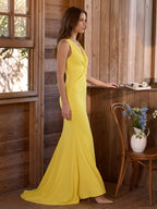 Lemon Stretch Knit Mermaid V-Neck Floor-Length Bridesmaid Dress with Pleats - Curvevia