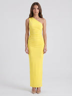 Lemon Stretch Knit Sheath One Shoulder Ankle-Length Bridesmaid Dress with Pleated Accents-1 - Curvevia