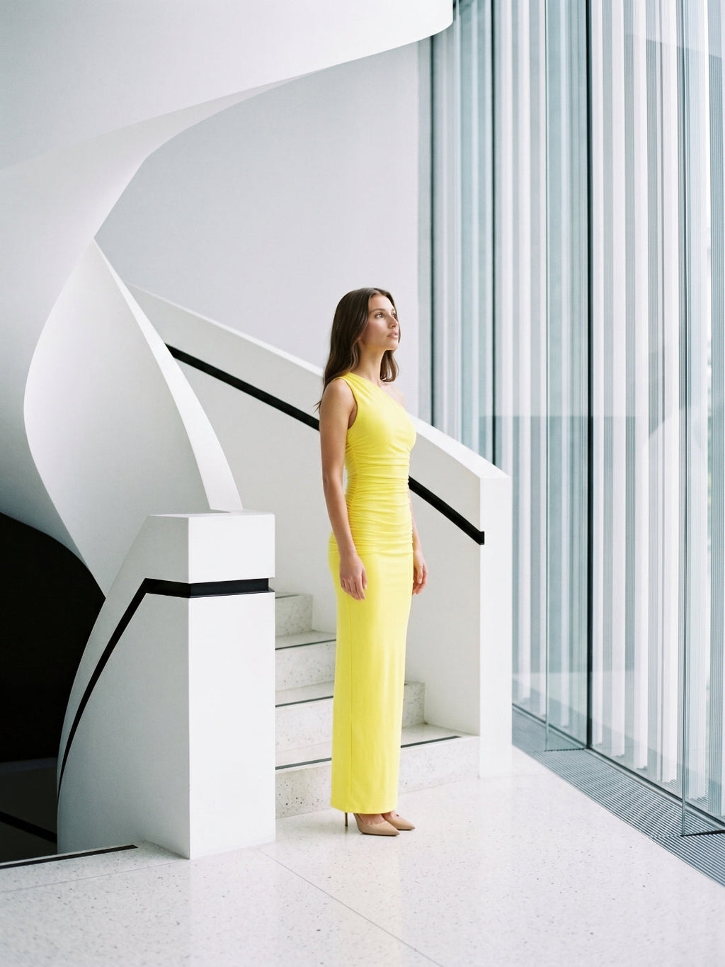 Lemon Stretch Knit Sheath One Shoulder Ankle-Length Bridesmaid Dress with Pleated Accents-1 - Curvevia