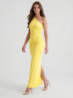 Lemon Stretch Knit Sheath One Shoulder Ankle-Length Bridesmaid Dress with Pleated Accents-1 - Curvevia