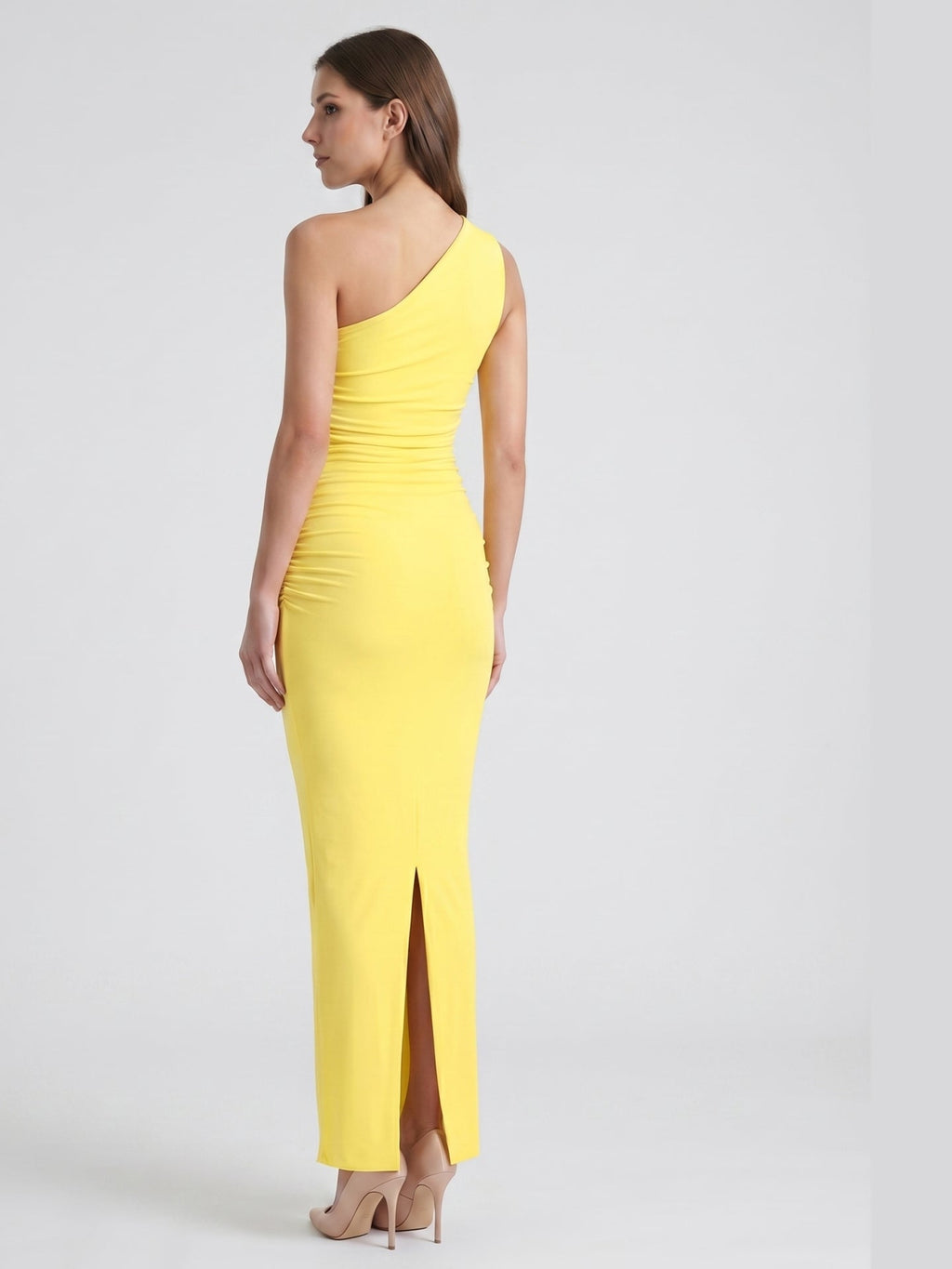 Lemon Stretch Knit Sheath One Shoulder Ankle-Length Bridesmaid Dress with Pleated Accents-1 - Curvevia