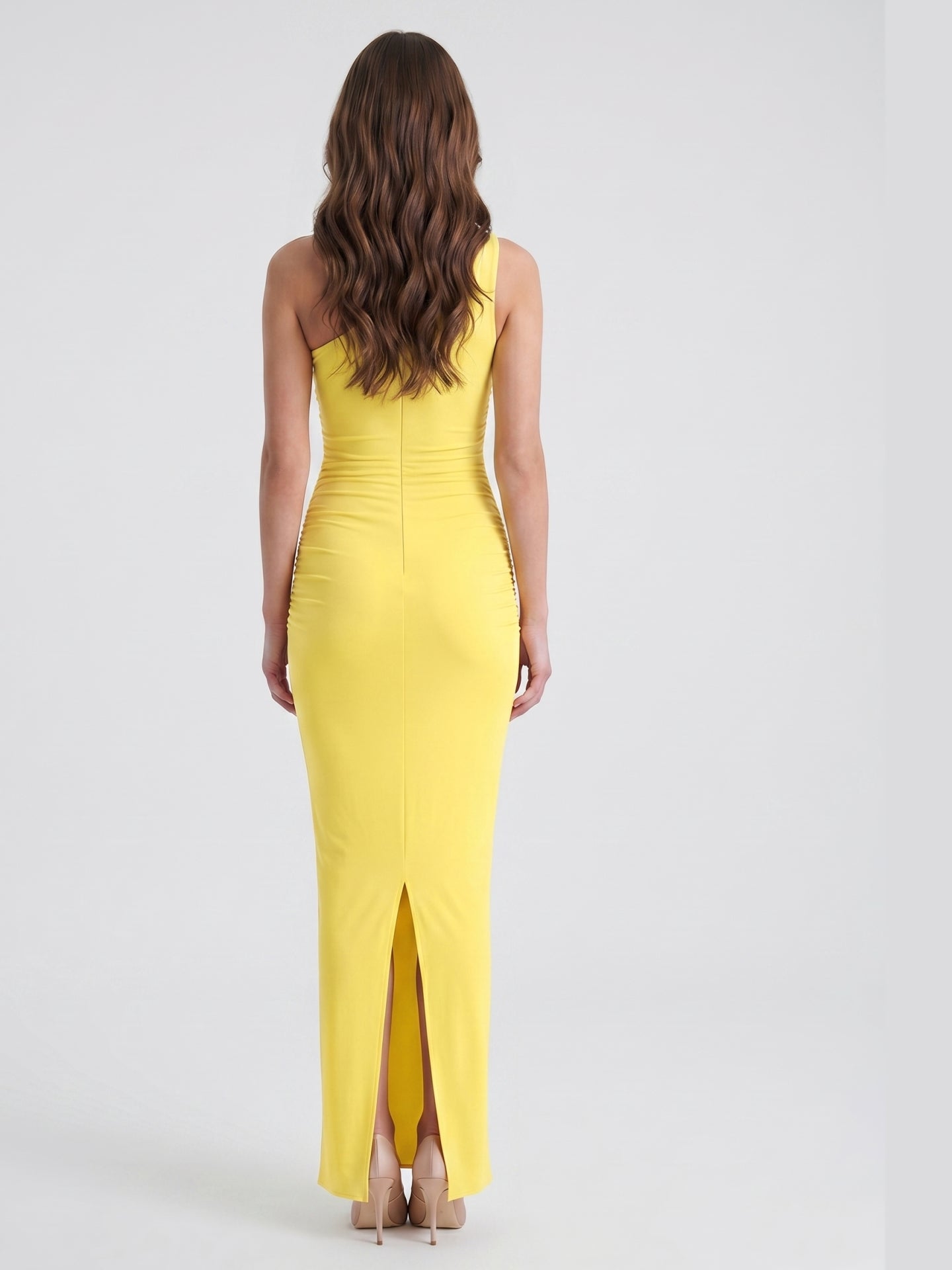 Lemon Stretch Knit Sheath One Shoulder Ankle-Length Bridesmaid Dress with Pleated Accents-1 - Curvevia