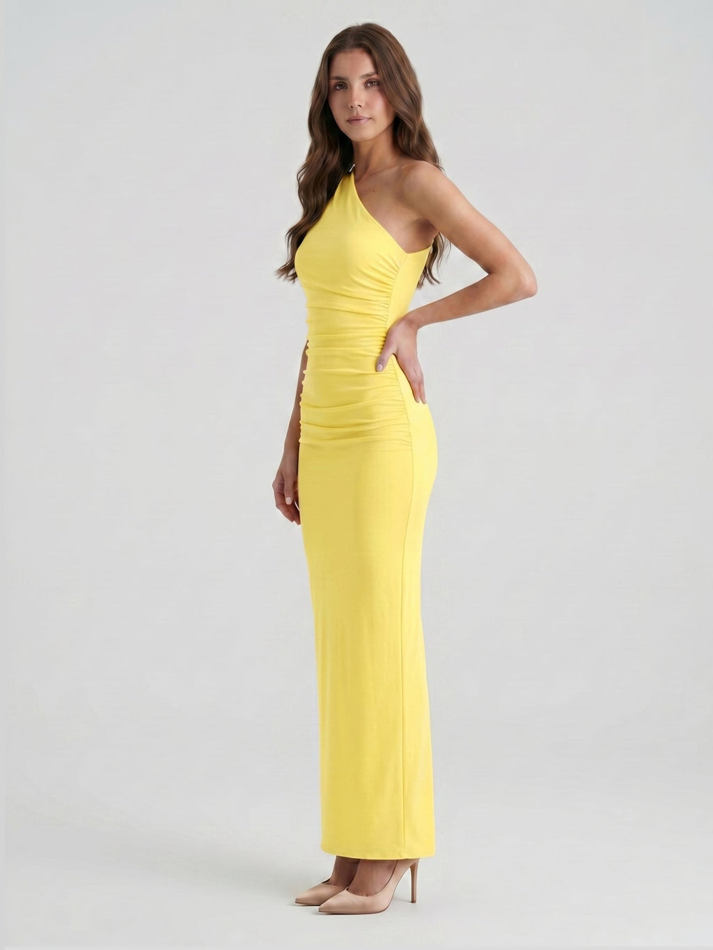 Lemon Stretch Knit Sheath One Shoulder Ankle-Length Bridesmaid Dress with Pleated Accents-1 - Curvevia