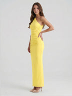 Lemon Stretch Knit Sheath One Shoulder Ankle-Length Bridesmaid Dress with Pleated Accents-1 - Curvevia