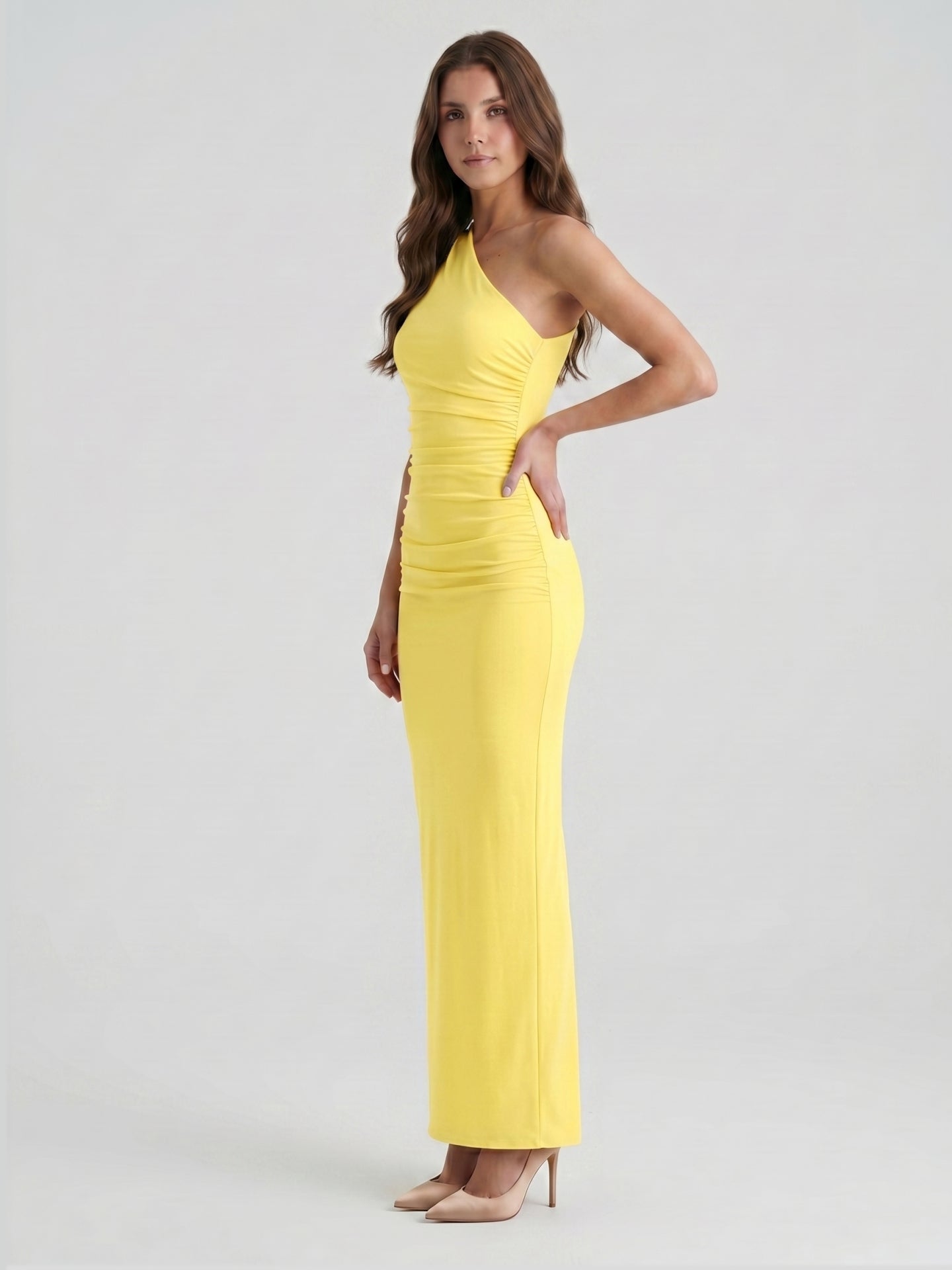 Lemon Stretch Knit Sheath One Shoulder Ankle-Length Bridesmaid Dress with Pleated Accents-1 - Curvevia