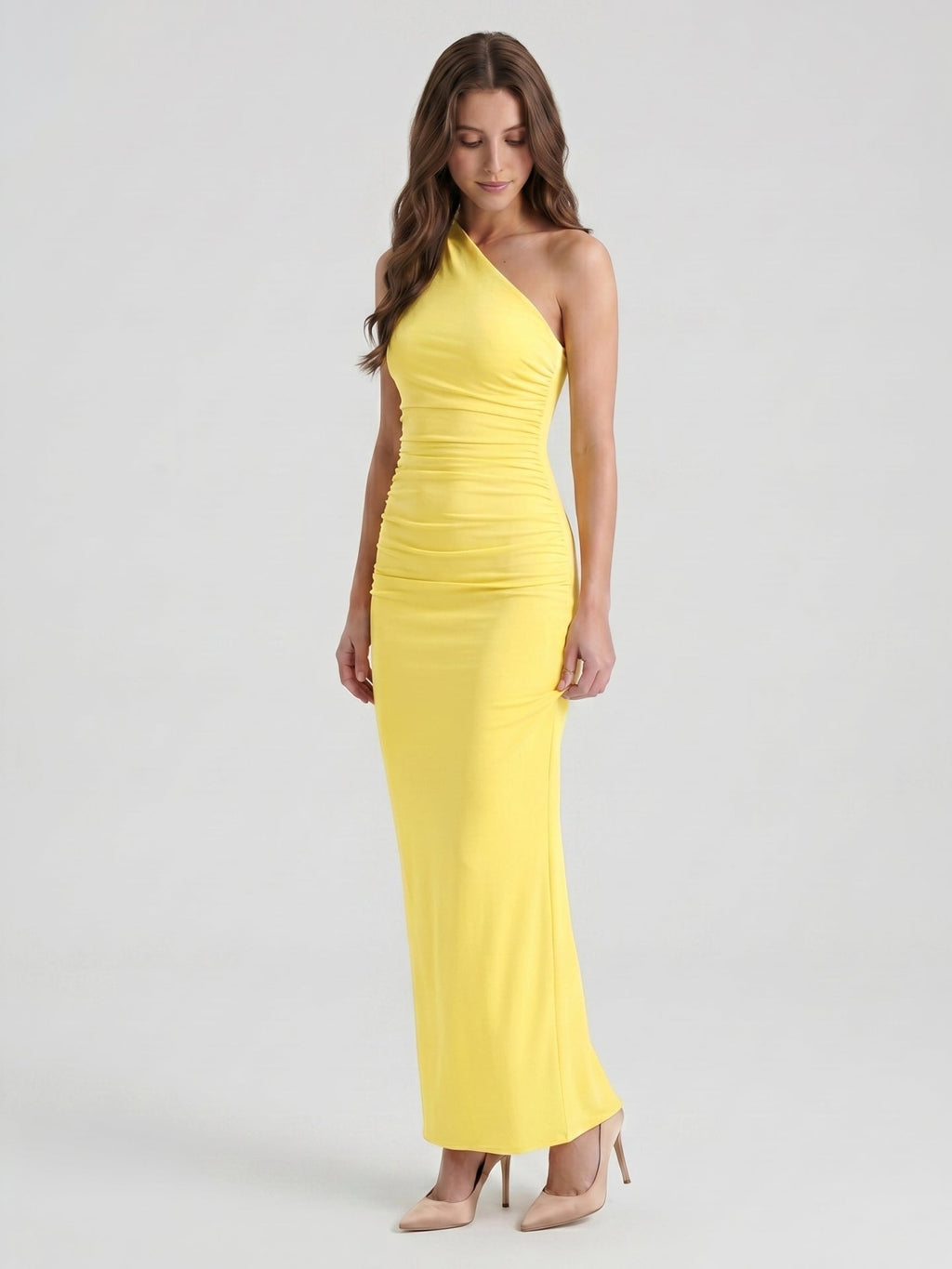 Lemon Stretch Knit Sheath One Shoulder Ankle-Length Bridesmaid Dress with Pleated Accents-1 - Curvevia